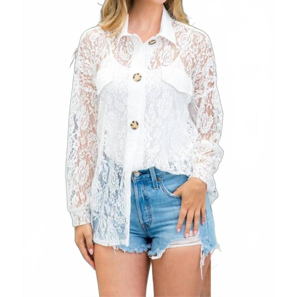 NEW SHEWIN long sleeve button down lace top in white